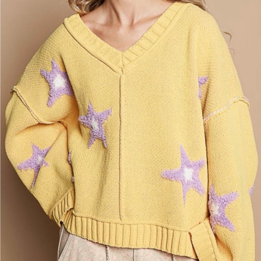 NEW POL Oversized Yellow Star Sweater Front/Back Size Small - Picture 2 of 5